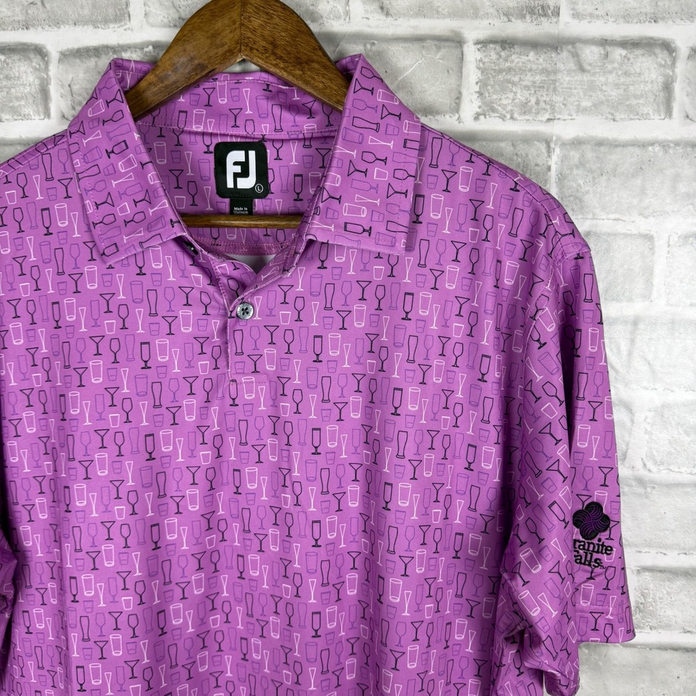 FootJoy Mens Golf Polo Shirt Large Purple Cocktail Glass Print Granite Falls FJ